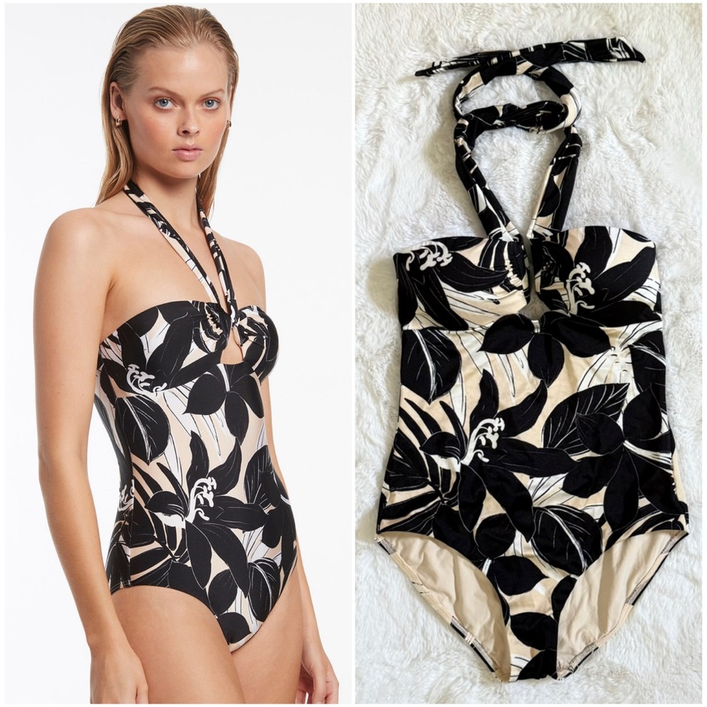 JETS AUSTRALIA 6 Floreale Halter Tie One Piece Swimsuit • Painterly Floral Print